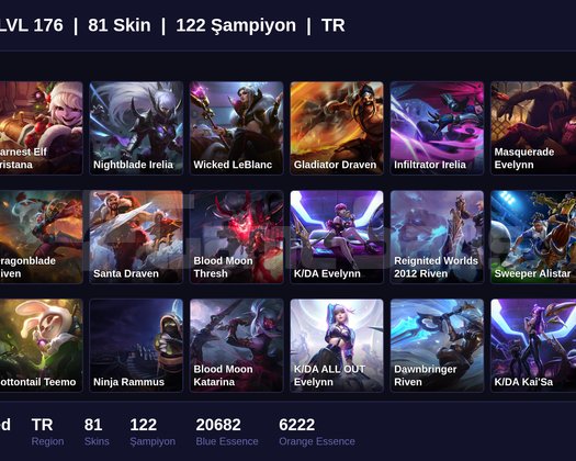 TR / 176 LVL + 81 SKİN + UNRANKED + PLAT MMR !!