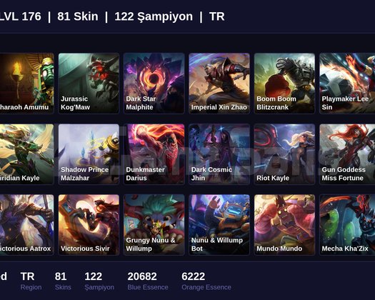 TR / 176 LVL + 81 SKİN + UNRANKED + PLAT MMR !!