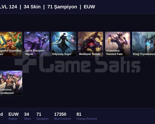 EUW / 124 LVL + 34 SKİN + UNRANKED !!