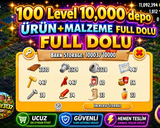 100 LEVEL 10.000 DEPO FULL MALZEME DOLU HESAP
