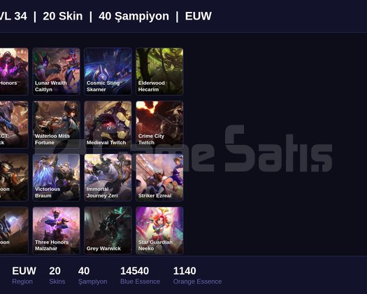 EUW / 34 LVL + 20 SKİN + GOLD III + 15K ÖZ