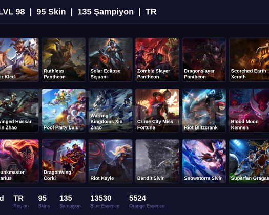 TR / 98 LVL + 95 SKİN + UNRANKED !!
