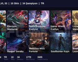 TR / 33 LVL + 10 SKİN + UNRANKED + 1750RP !!