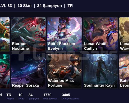 TR / 33 LVL + 10 SKİN + UNRANKED + 1750RP !!