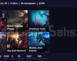 EUW / 45 LVL + 6 SKİN + UNRANKED + FRESH !!