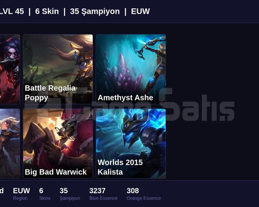 EUW / 45 LVL + 6 SKİN + UNRANKED + FRESH !!