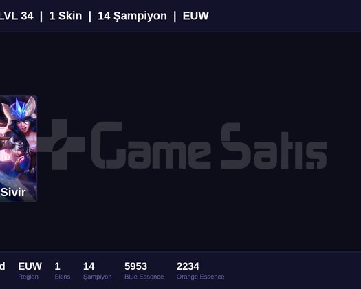 EUW / 34 LVL + 1 SKİN + FRESH + 10/8 DERECESİZ MAÇ