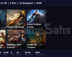 EUW / 58 LVL + 6 SKİN + FRESH + RANK HAZIR !!