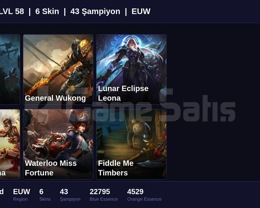 EUW / 58 LVL + 6 SKİN + FRESH + RANK HAZIR !!