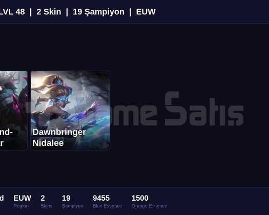 EUW / 48 LVL + 2 SKİN + UNRANKED + FRESH !!