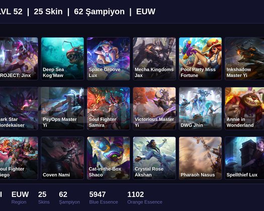 EUW / 52 LVL + 25 SKİN + SILVER II !!