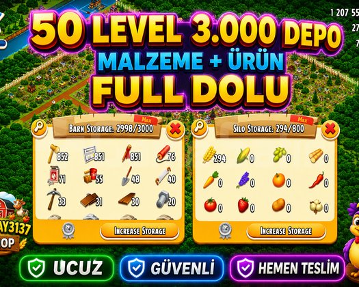 50 LEVEL 3.000 DEPO FULL ARAZİ DOLU GARANTİLİ