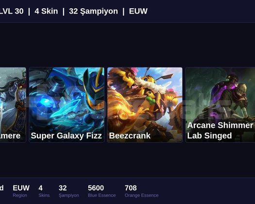 EUW / 46 LVL + 8 SKİN + GOLD MMR !!