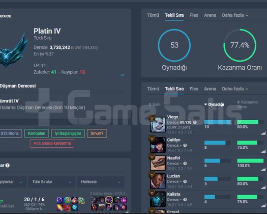 EUW 41W - 13L PLAT 4 HESAP +30 LP SMURFLUK HESAP