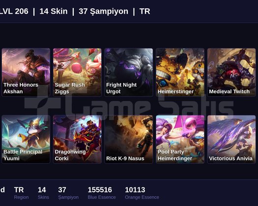 TR / 206 LVL + 14 SKİN + UNRANKED !!