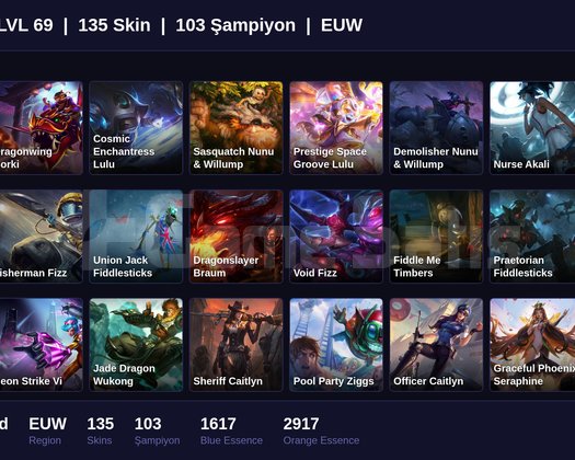 EUW / 69 LVL + 135 SKİN + UNRANKED !!