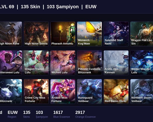 EUW / 69 LVL + 135 SKİN + UNRANKED !!