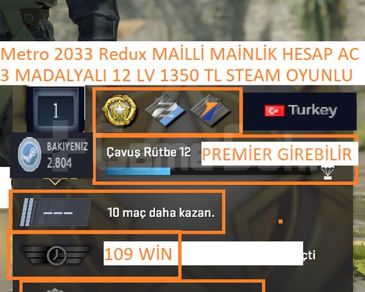 3 MADALYALI 12 LV Metro 2033 Redux 1350 TL STEAM O