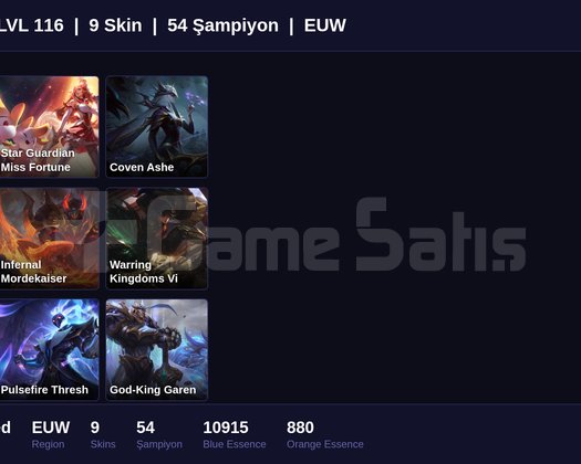 EUW / 116 LVL + 9 SKİN + UNRANKED !!