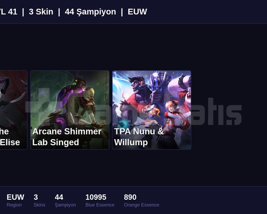 EUW / 41 LVL + 3 SKİN + GOLD II !!