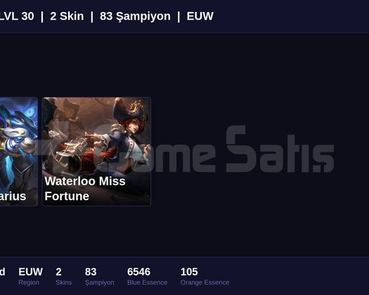 EUW / 30 LVL + 2 SKİN + RANK HAZIR + MAİL ONAYSIZ