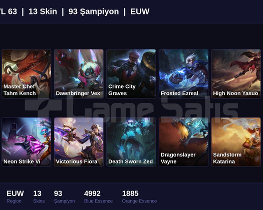 EUW / 63 LVL + 13 SKİN + GOLD II !!