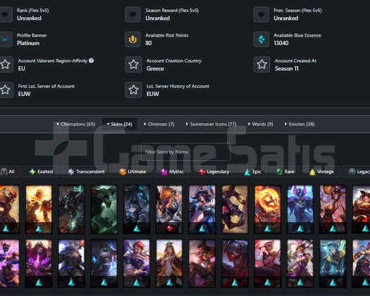 EUW EMERALD 3 NİCK CHANGE 60WR 24 SKİN 13K MÖ S11