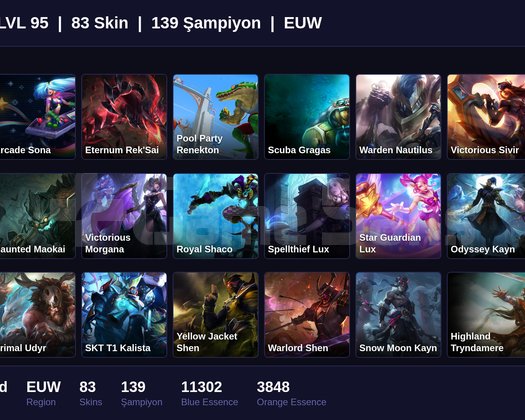 EUW / 95 LVL + 83 SKİN + UNRANKED !!