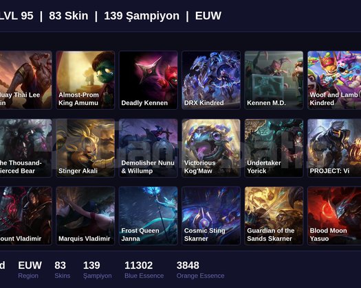 EUW / 95 LVL + 83 SKİN + UNRANKED !!