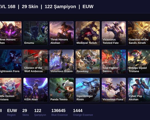 EUW / 168 LVL + 29 SKİN + SILVER II !!