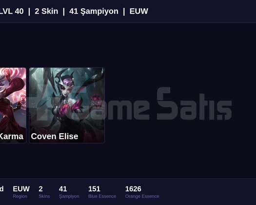 EUW / 40 LVL + 2 SKİN + UNRANKED + RANK HAZIR !