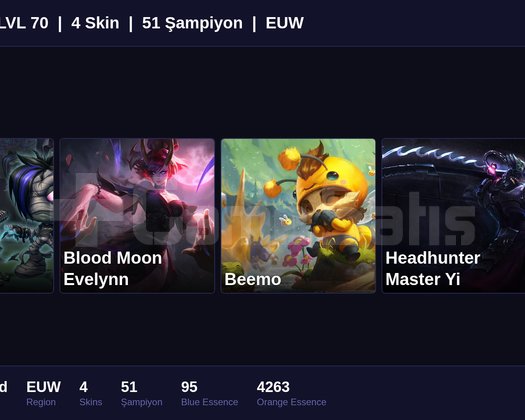EUW / 70 LVL + 4 SKİN + UNRANKED !!