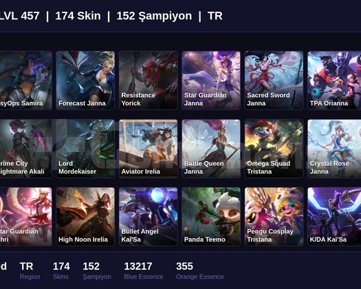 TR / 457 LVL + 174 SKİN + UNRANKED + MAİL DEĞİŞEN