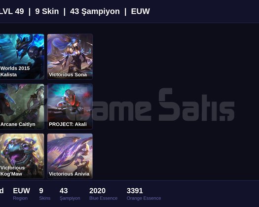 EUW / 49 LVL + 9 SKİN + ZÜMRÜT MMR + MAİL !!