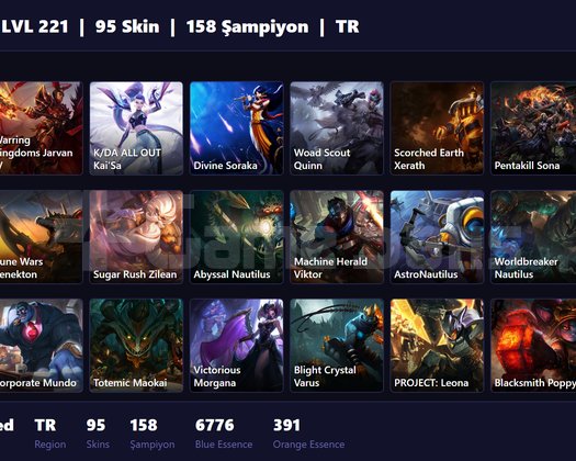 TR / 221 LVL + 95 SKİN + UNRANKED !!