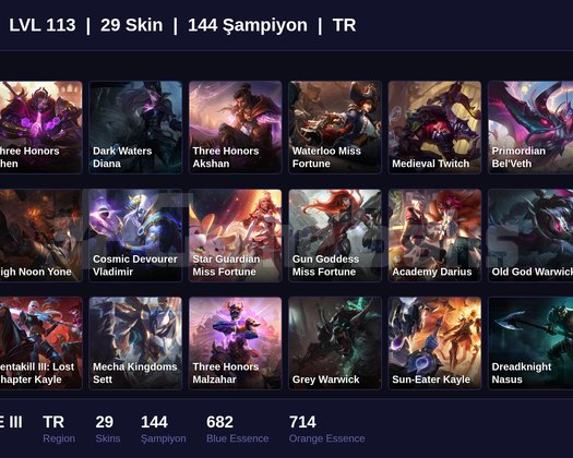 TR / 113 LVL + 29 SKİN + BRONZE III + MAİL ONAYSIZ