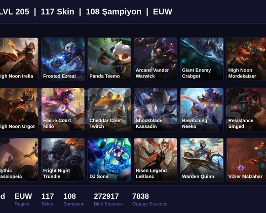 EUW / 205 LVL + 117 SKİN + UNRANKED !!