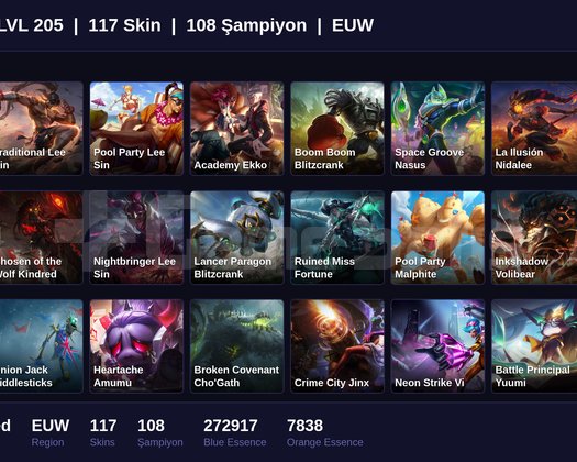 EUW / 205 LVL + 117 SKİN + UNRANKED !!