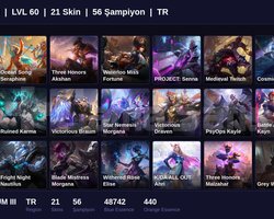 TR / 60 LVL + 21 SKİN + PLATINUM III !!