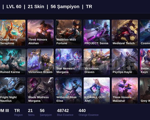 TR / 60 LVL + 21 SKİN + PLATINUM III !!