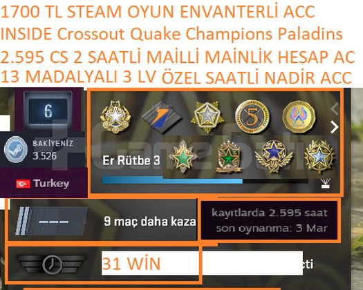 13 MADALYALI 3 LV 2.595 CS 2 SAATLİ 1700 TL STEAM