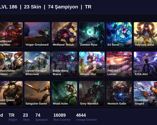 TR / 186 LVL + 23 SKİN + UNRANKED !!