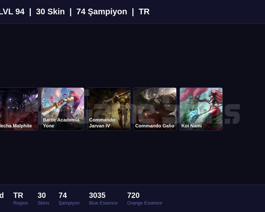 TR / 94 LVL + 30 SKİN + DEMİR MMR !!
