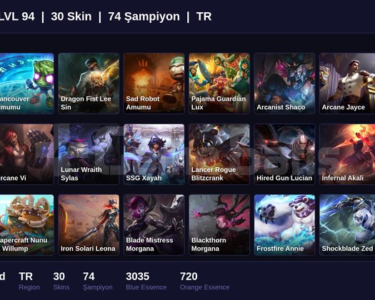 TR / 94 LVL + 30 SKİN + DEMİR MMR !!
