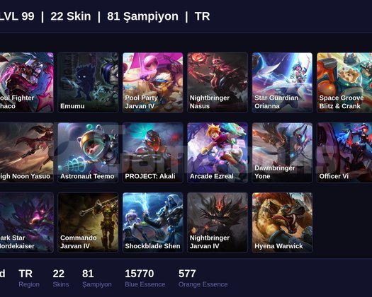 TR / 99 LVL + 22 SKİN + UNRANKED !!