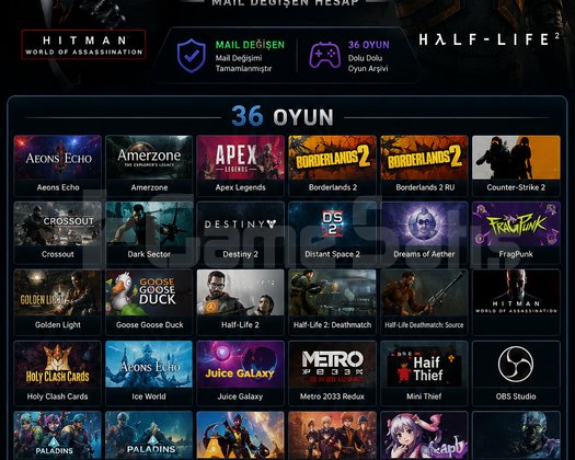 Premium Steam Hesabı | 36 Oyun | Mail Değişen |