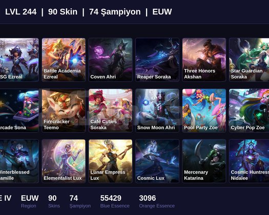 EUW / 244 LVL + 90 SKİN + BRONZE IV + MAİL !!