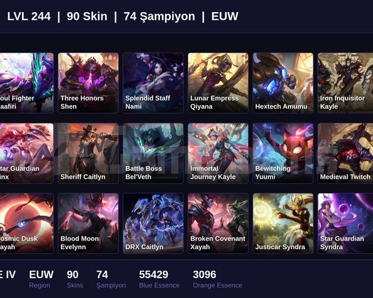 EUW / 244 LVL + 90 SKİN + BRONZE IV + MAİL !!