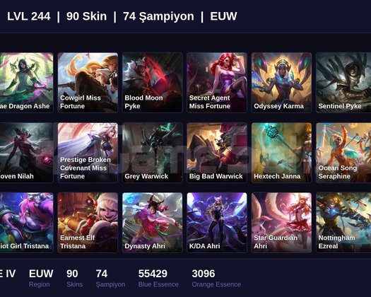EUW / 244 LVL + 90 SKİN + BRONZE IV + MAİL !!