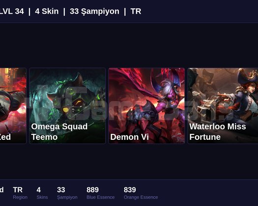 TR / 34 LVL + 4 SKİN + UNRANKED + FRESH !!
